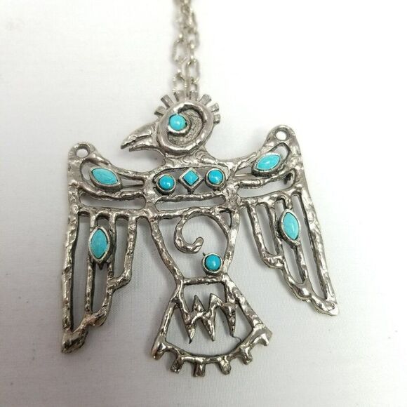 Vintage St Labre Thunderbird Southwestern Brooch Pendant Necklace Silver Tone - Picture 3 of 10